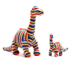 KNITTED DIPLODOCUS DINOSAUR BABY RATTLE RAINBOW STRIPES