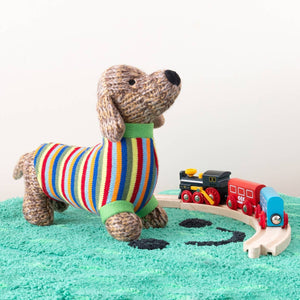 KNITTED SAUSAGE DOG SOFT TOTY TEDDY WITH STRIPE JUMPER