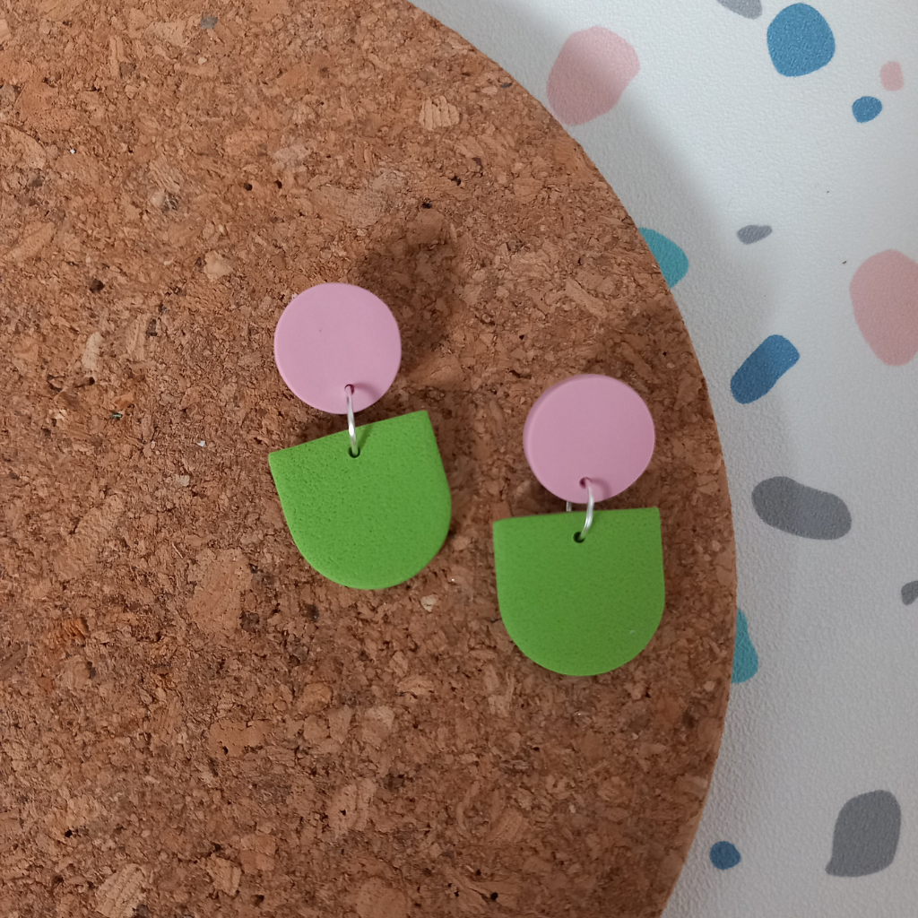 PINK & GREEN POLYMER CLAY ARCH EARRINGS HANDMADE