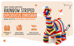 KNITTED DIPLODOCUS DINOSAUR BABY RATTLE RAINBOW STRIPES