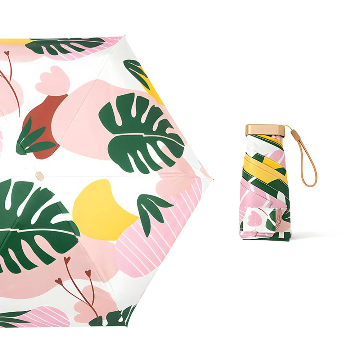 Floral-patterned umbrella and compact case on a white background with 'TUTU' branding.