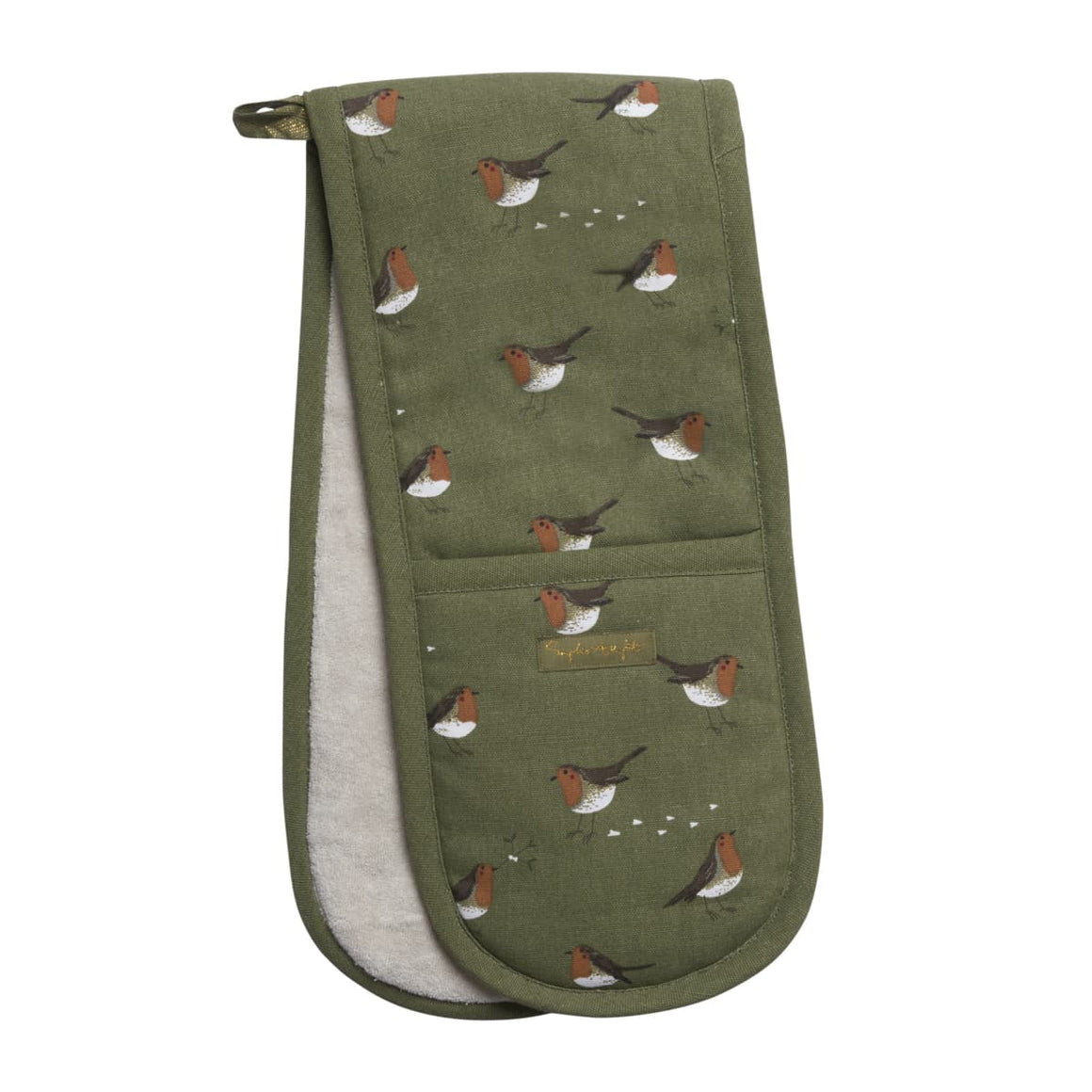 Green oven mitt with bird pattern on a white background