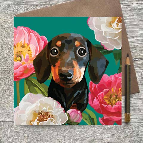 Sarah Kelleher blank dachshund greeting card featuring a charming illustrated dachshund design on the front.