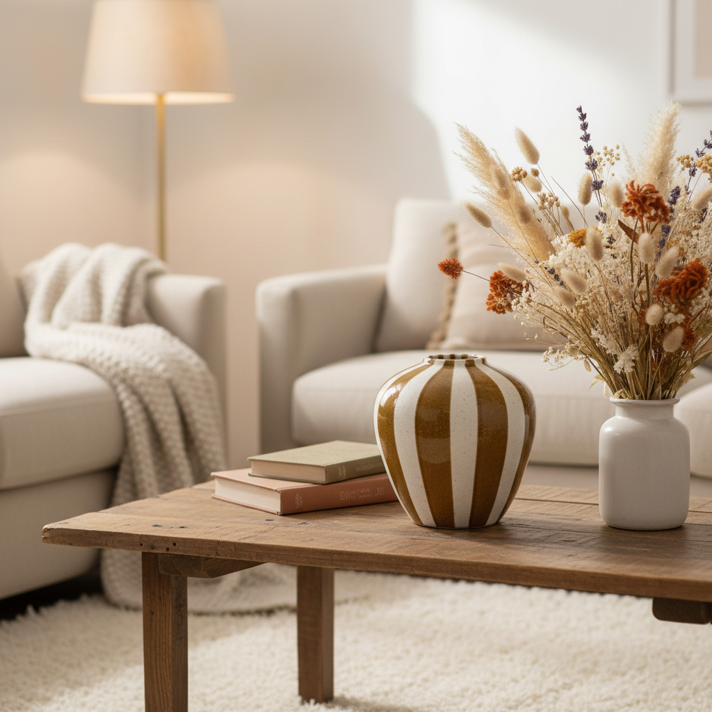 A styled living room scene with a wooden coffee table holding a brown-and-white striped ceramic vase and a white vase filled with dried flowers. Two cream sofas, a floor lamp, and a white rug are softly blurred in the background.