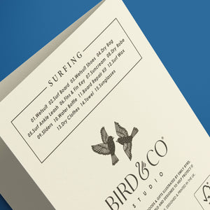 Product list for surfing with Bird & Co. branding on a blue background