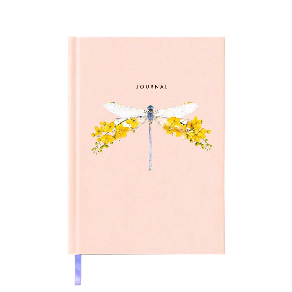 Journal with dragonfly and flower illustration on a pink cover