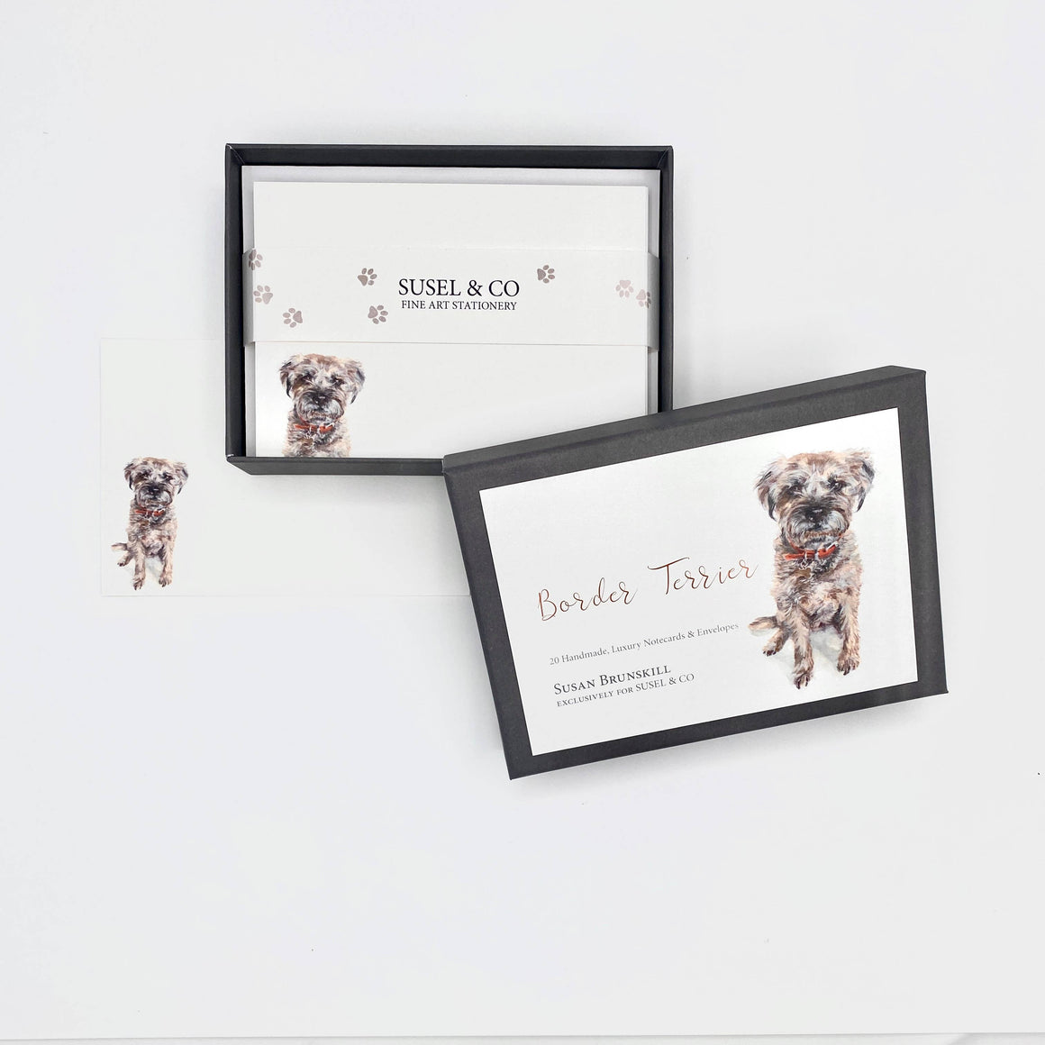 A set of notecards with an illustration of a seated border terrier on the front, accompanied by envelopes, packaged in a box.