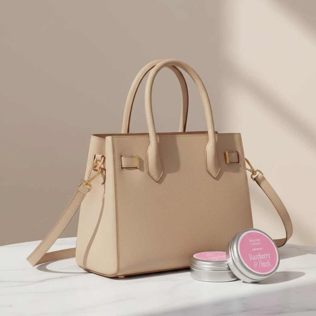 Two tins of Moonshire Candle Co Raspberry & Peach lip balm on a light beige background