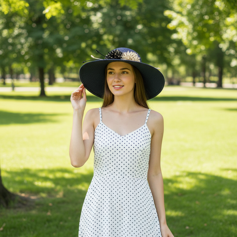 Woman wearing a white polka dot dress and black hat in a park