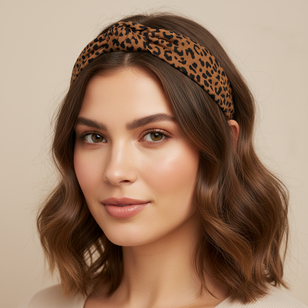 Three leopard-print fabric headbands stacked together on a white background, featuring brown, black, and beige animal spot patterns.