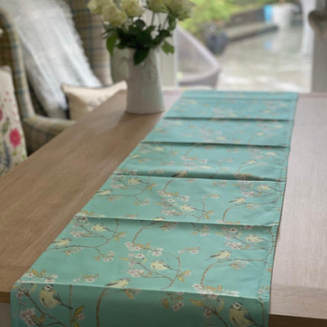 BLUE TIT BLOSSOM TURQUOISE TABLE RUNNER - BY MOSNEY MILL