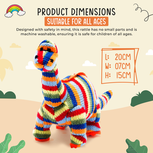 KNITTED DIPLODOCUS DINOSAUR BABY RATTLE RAINBOW STRIPES