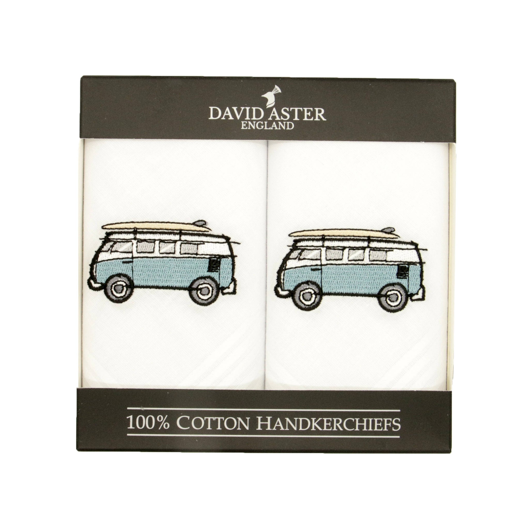 Pack of David Aster England handkerchiefs with vintage van design on a white background