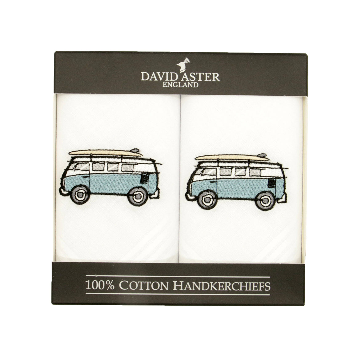 Pack of David Aster England handkerchiefs with vintage van design on a white background