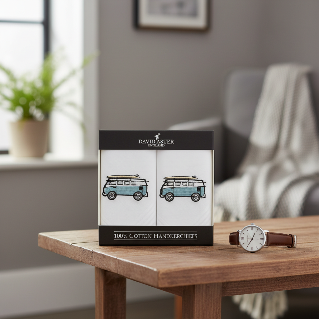 CAMPERVAN EMBROIDERED WHITE HANDKERCHIEFS PAIR