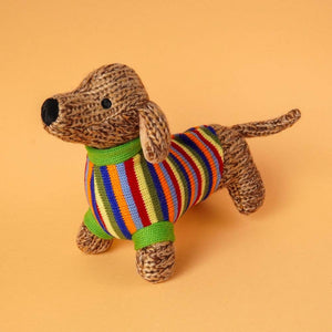 KNITTED SAUSAGE DOG SOFT TOTY TEDDY WITH STRIPE JUMPER