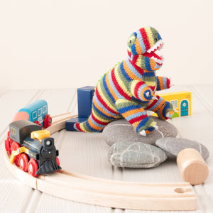 KNITTED STRIPE T REX DINOSAUR BABY RATTLE