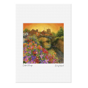 Art print of a village scene with flowers and a bridge, signed by Emily Ward.