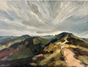 Painting of a mountain landscape with a person pointing towards it