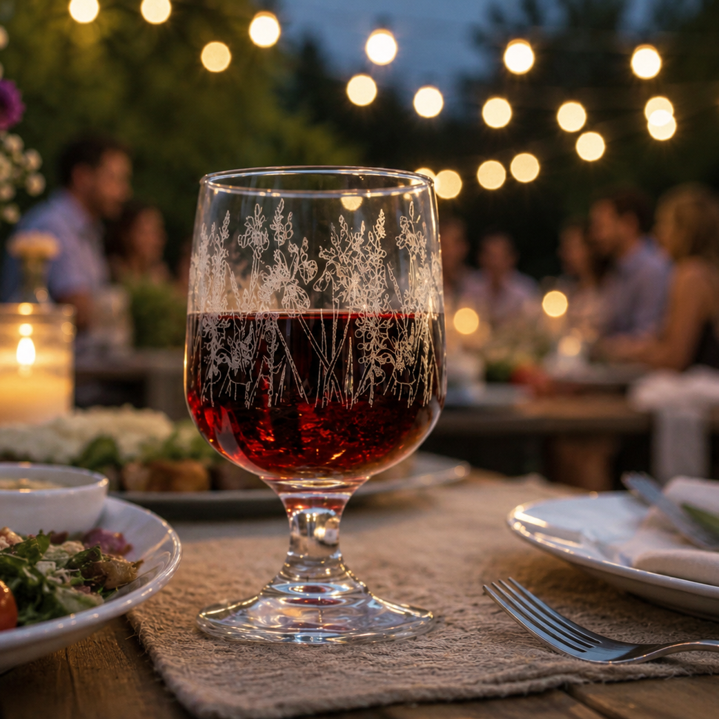 Glass of red wine on a table with outdoor dinner setting and people in the background