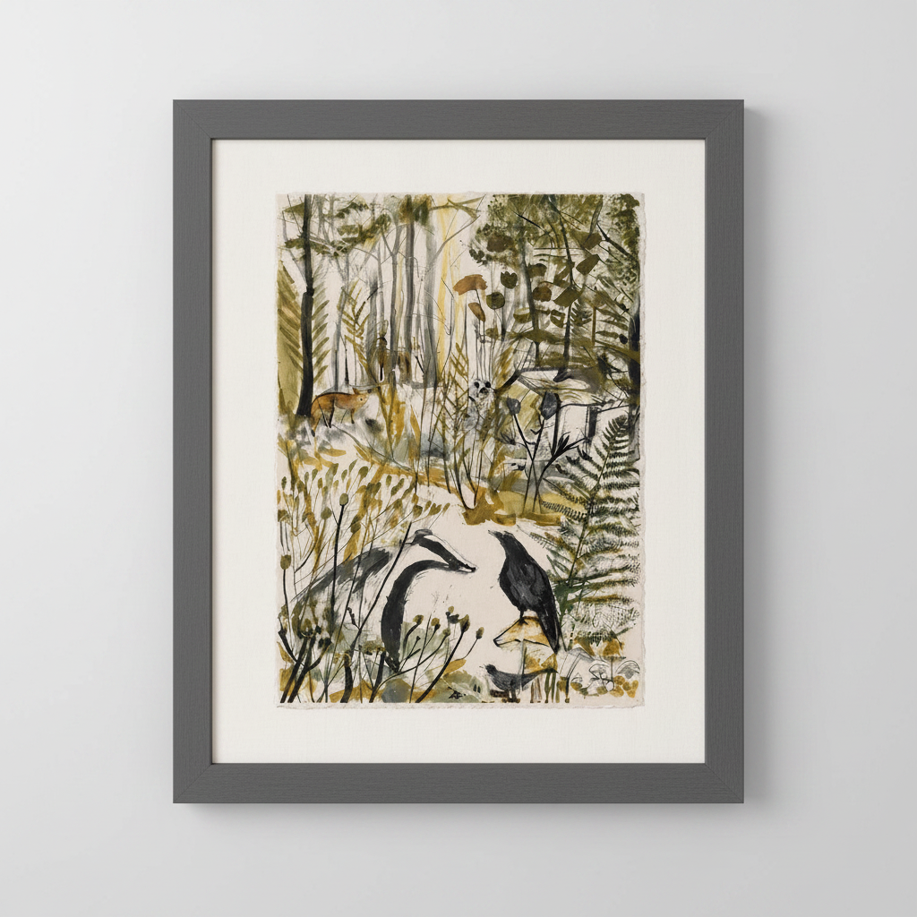 Framed art print featuring an abstract woodland scene with two black birds in the foreground, surrounded by a white mat and a dark charcoal gray frame.