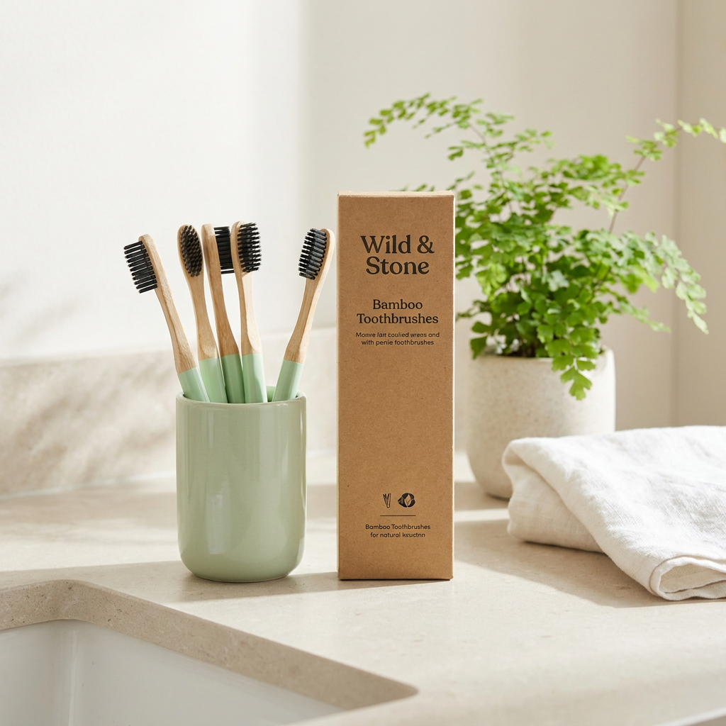 Natural bamboo toothbrushes from Faire - Wild and Stone, shown in a bathroom scene with eco-friendly design and wooden handles.