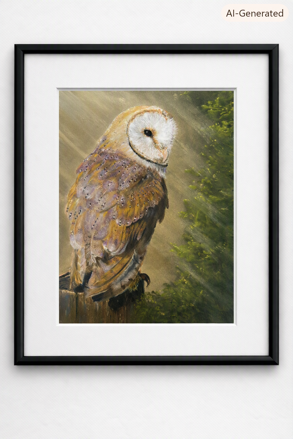 A framed art print featuring a painted barn owl perched on a wooden post, set against a soft green and gold background. The artwork is presented with a white mat and a simple black frame, hanging on a clean white wall.