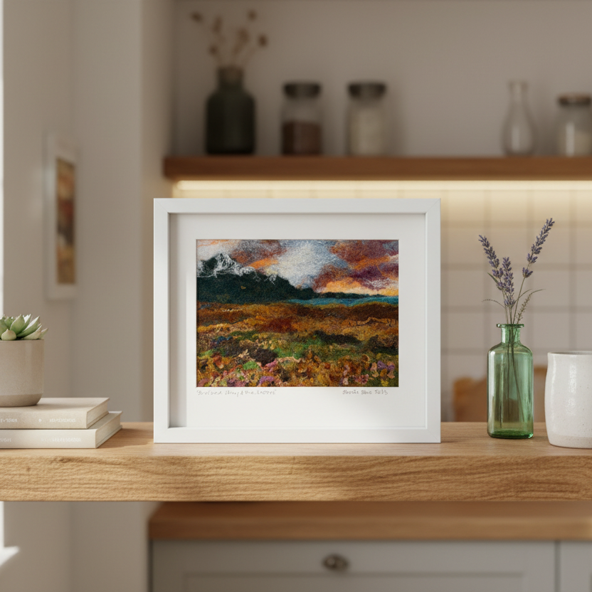A framed landscape art print displayed on a wooden kitchen counter, surrounded by decorative props including a mug, a green glass vase, and a small potted succulent.