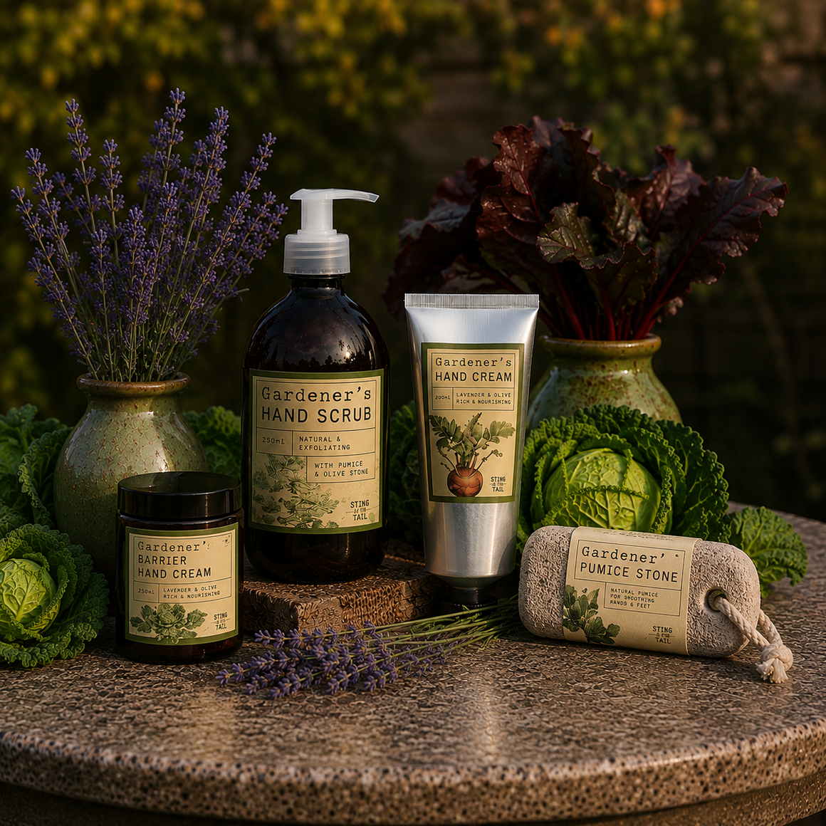 Gardener's hand care products with lavender and plants on a stone surface