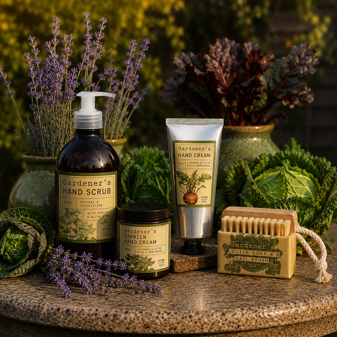 Gardener's hand care products including scrub, cream, and soap on a surface with plants in the background.