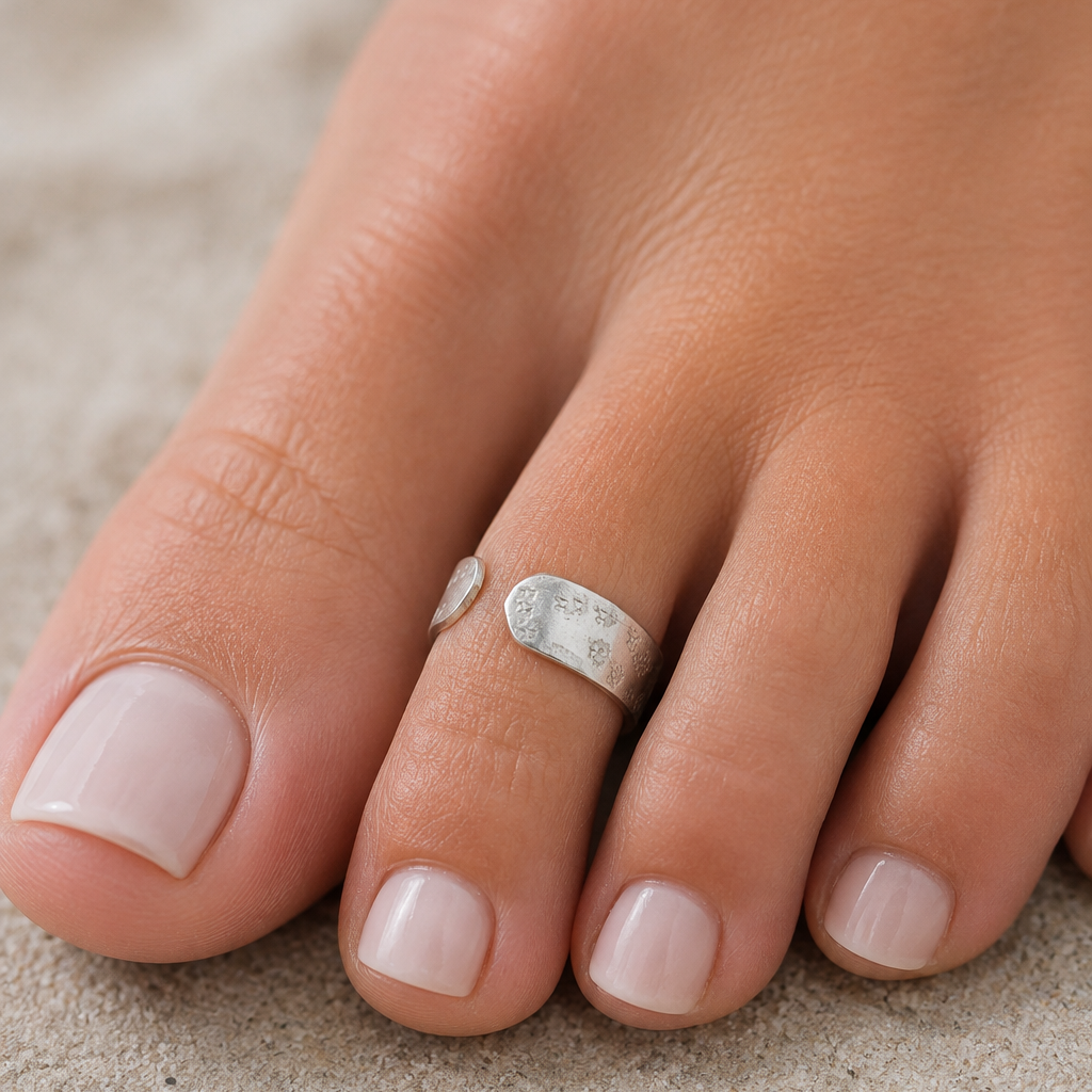 A close-up of a person's foot wearing a silver ring with a small white stone on the second toe, set against a soft sandy background.