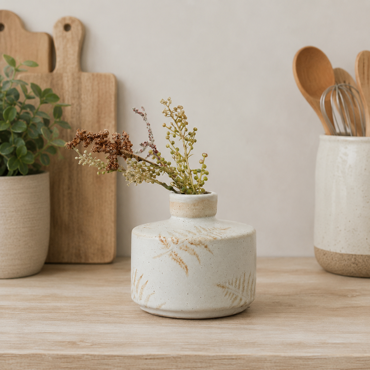 Cream speckled ceramic fern vase with dried botanical stems, styled on a light wooden kitchen worktop with natural accessories.
