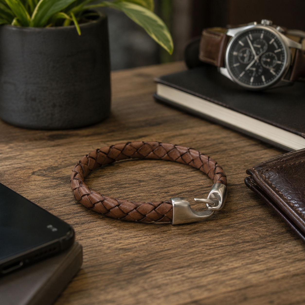 BROWN LEATHER BRACELET WITH STEEL HOOK CLASP