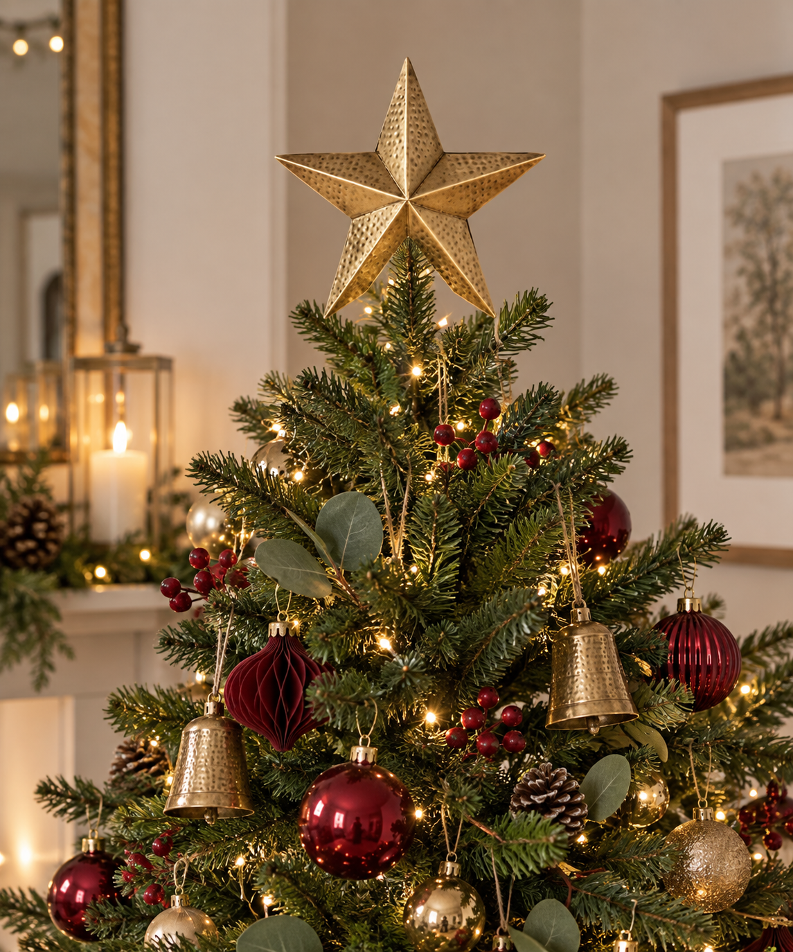A decorated Christmas tree in a warmly lit indoor setting, topped with a large metallic gold star. The tree is adorned with green branches, warm white string lights, shiny red and gold ornaments, pinecones, and eucalyptus leaves.