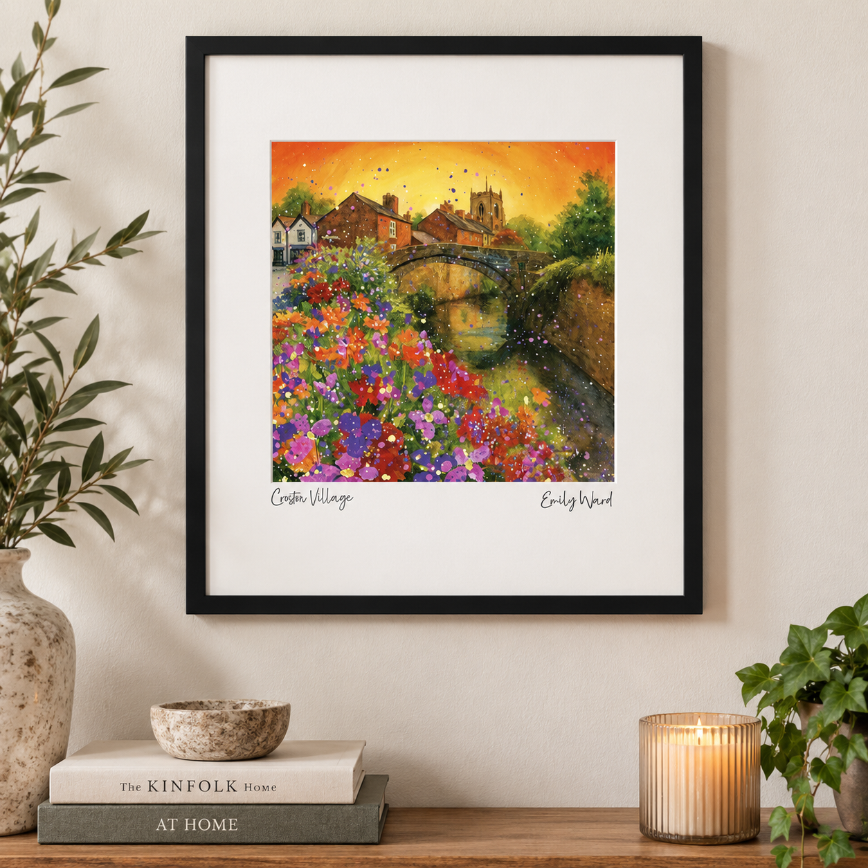 Colorful Croston Village print by Emily Ward featuring vibrant landscape artwork in a charming, detailed rural scene.