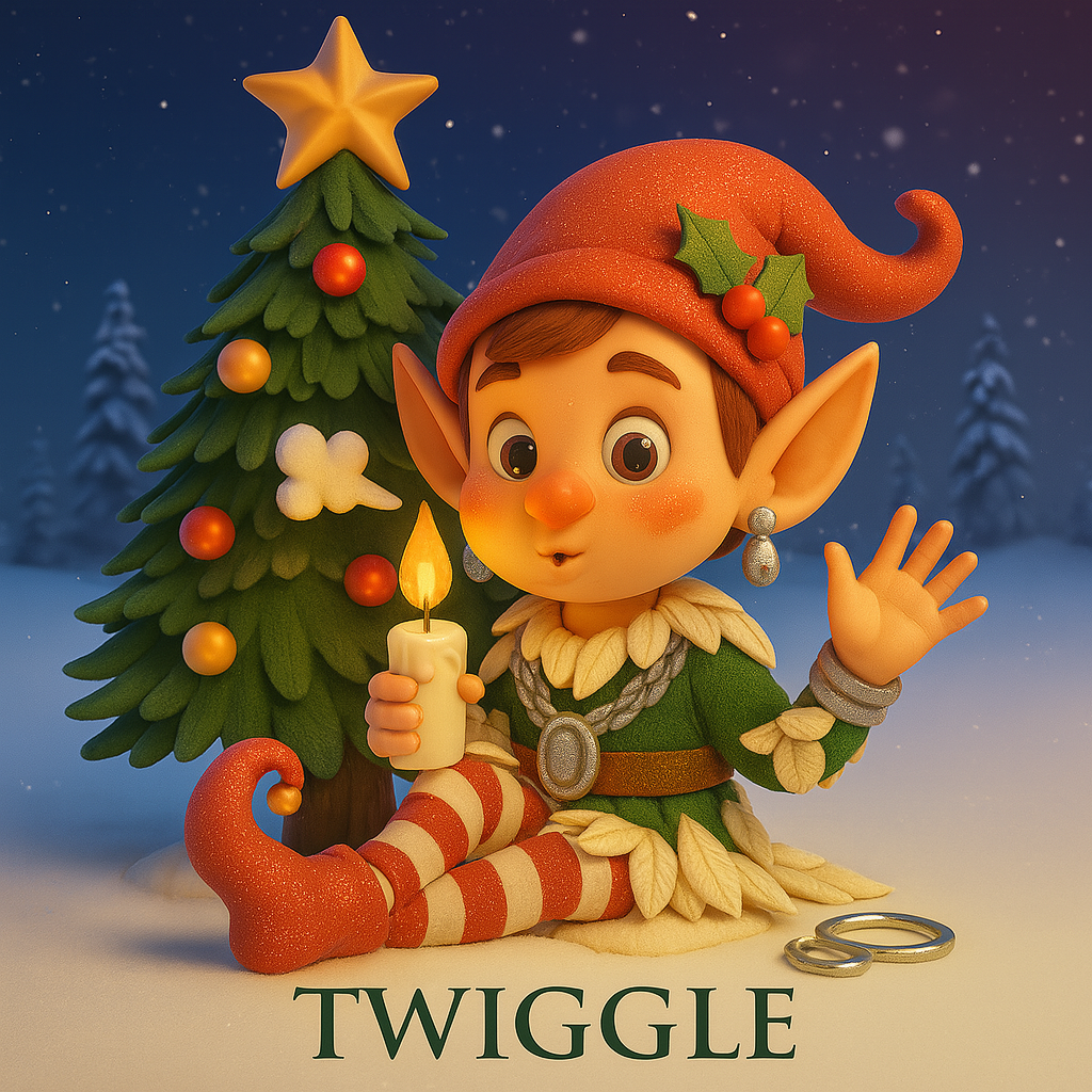 Animated elf character named Twiggle holding a candle in front of a decorated Christmas tree.
