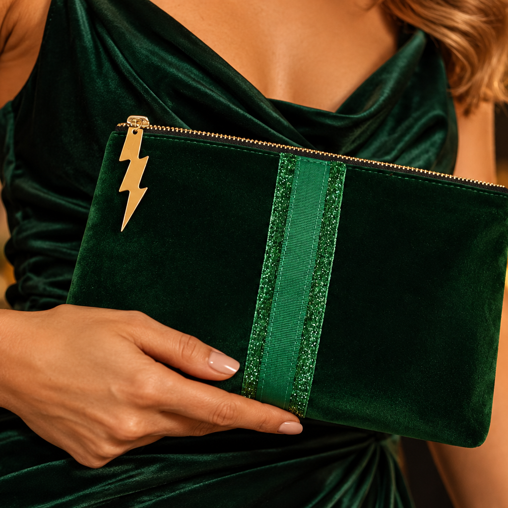 Green velvet clutch bag with green stripe design, Cockatoo cosmetic bag, stylish and compact accessory for essentials.