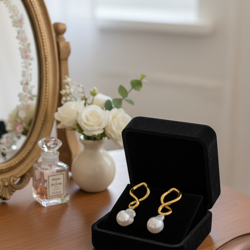 Gold and pearl earrings in a black box on a wooden surface with a mirror and flowers in the background.