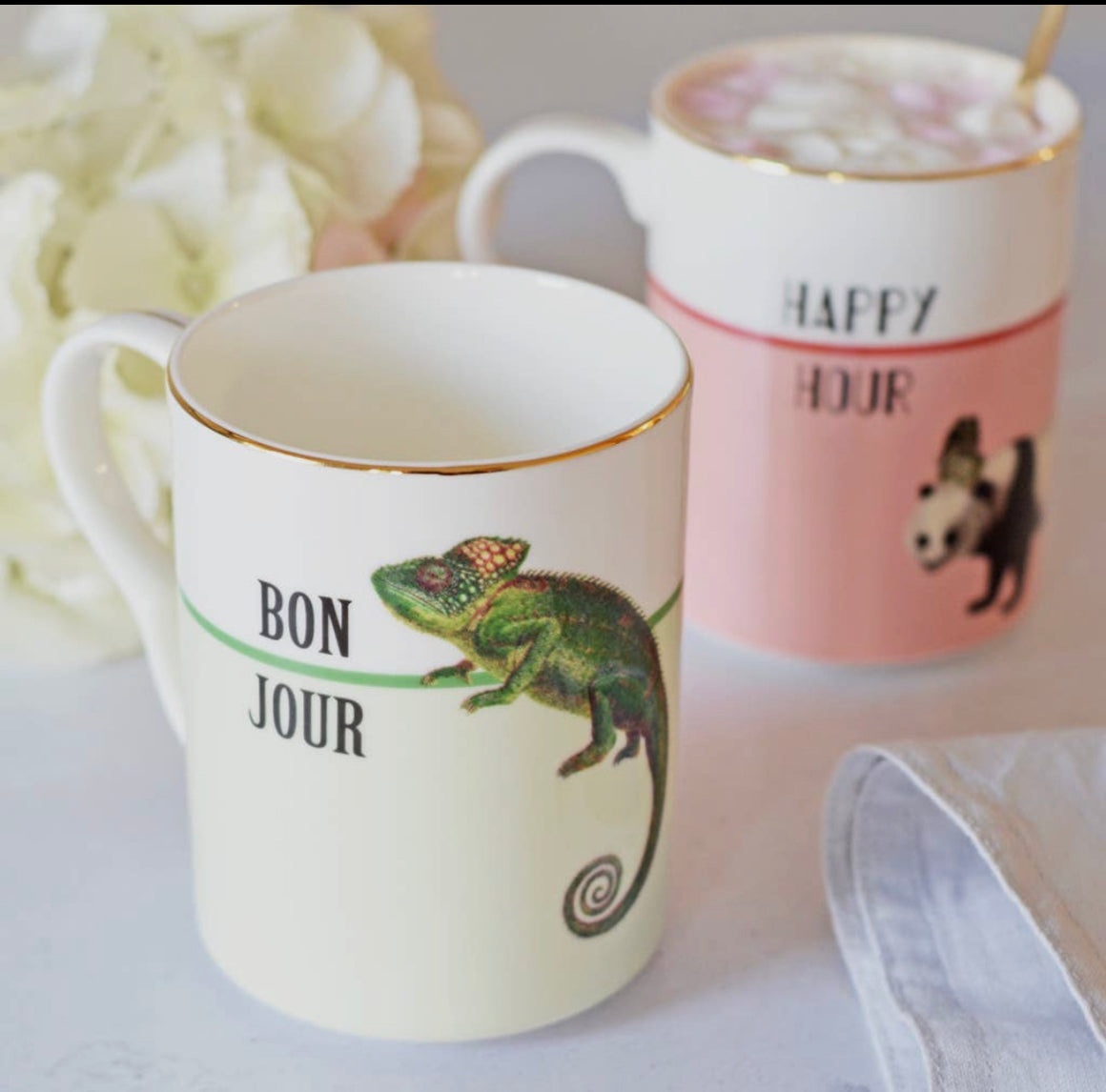 SET OF TWO MUGS BY YVONNE ELLEN - BONJOUR/HAPPY HOUR