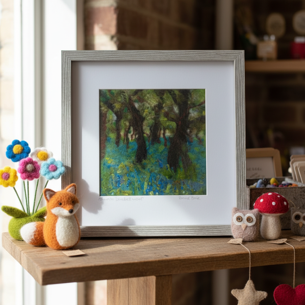 Felt picture of blubells in wood on a table with other felt items