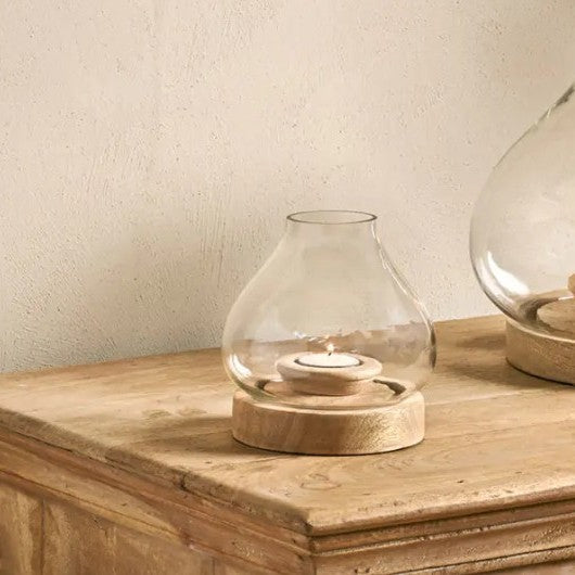 NARYLA MANGO WOOD LANTERN SMALL TEA LIGHT HOLDER BY NKUKU - LIGHT FINISH