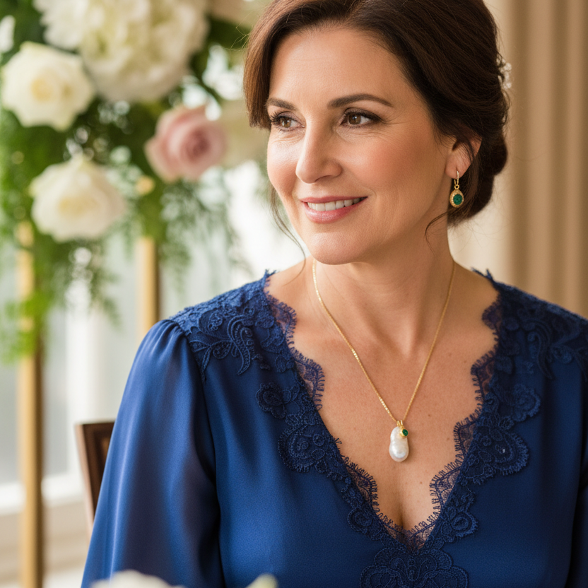 Woman in a blue dress with floral decorations in the background