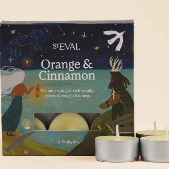 S'Elval Orange & Cinnamon tealights packaging with two tealights on a beige background