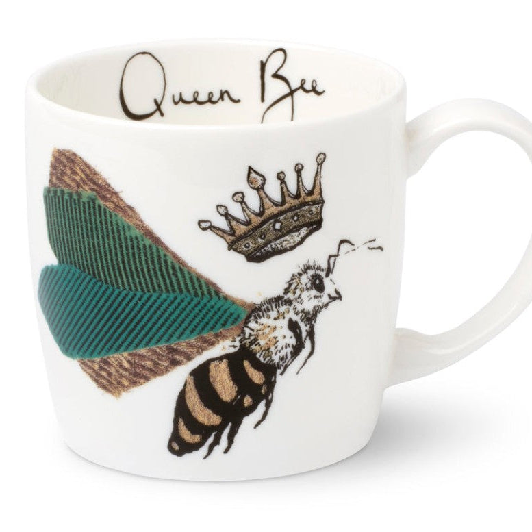 Mug with a bee design and 'Queen Bee' text on a white background