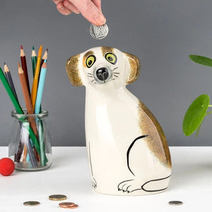 BROWN AND WHITE MONEY BOX DOG BY HANNAH TURNER