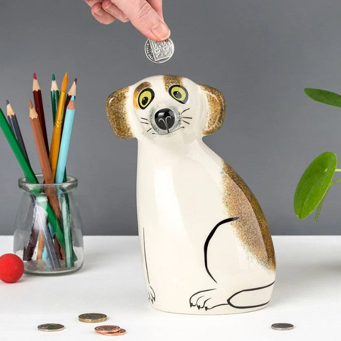 BROWN AND WHITE MONEY BOX DOG BY HANNAH TURNER