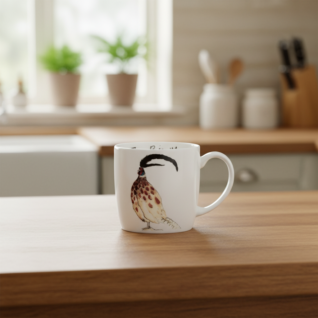 A white ceramic mug with a detailed illustration of a hornbill bird, sitting on a wooden kitchen countertop with a softly blurred kitchen background.