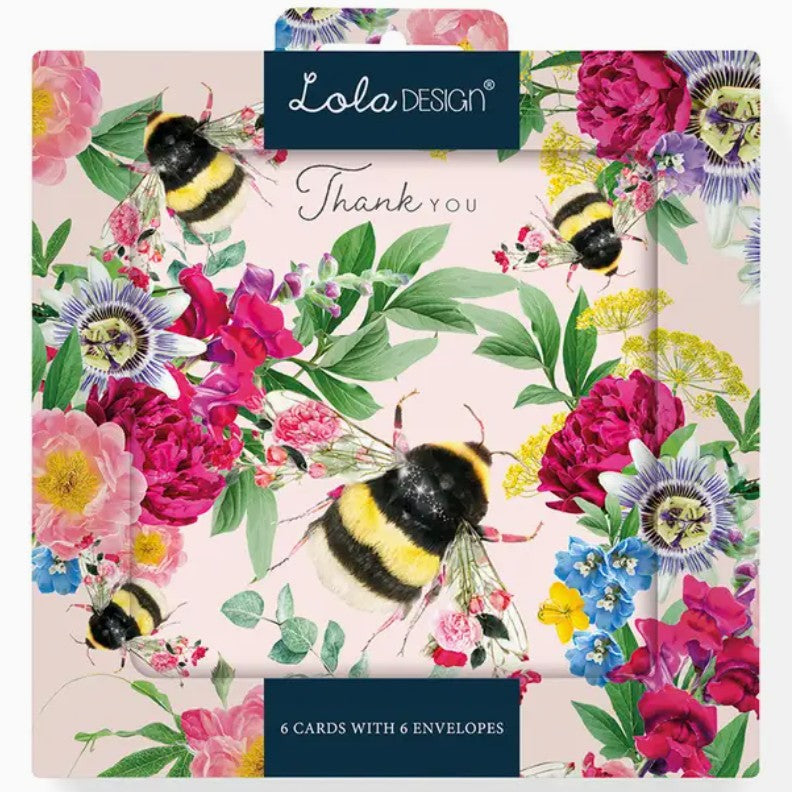 Floral card set with bees and flowers by Lola Design, featuring a pink background.
