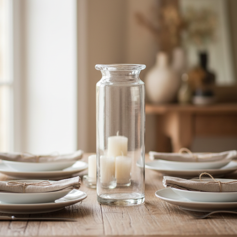 A clear glass jar vase with a flared rim, shown on a plain white background.