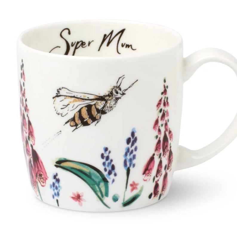Mug with floral design and 'Super Mum' text on a white background